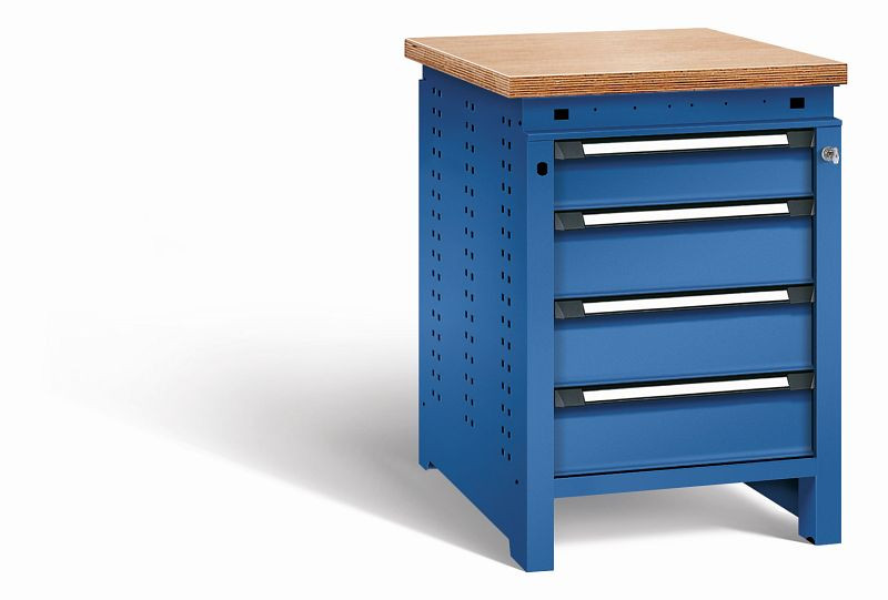 Otto Kind Werkbank Serie function Typ 107, Multiplexplatte, bündig, 4 Schubladen, mit Zentralverschluss, komplett RAL 5010, 072324113