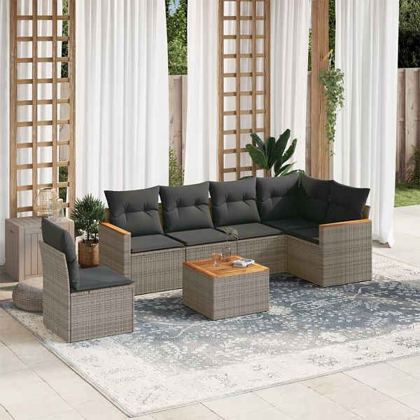 vidaXL 7-teilig Garten-Sofagarnitur mit Kissen Grau Poly Rattan, 3226025