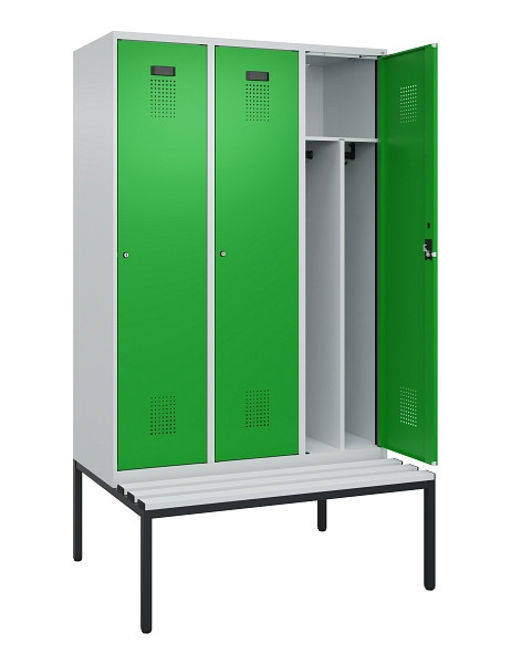 C+P Spind Evolo PLUS, 3 Abteile, 2120x1200x815mm, 7035/6037, Haken 4, Zylinderschloss, Sitzfläche Kunststoff, Sitzbank, Trennwand, 0490507-32F S10092
