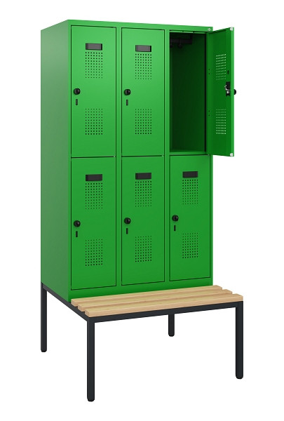 C+P Doppelstöckiger Spind Evolo PLUS, Bank, 6 Fächer, 1950x900x815mm, 6037/6037, Drehriegel, Sitzfläche Buche-Hartholz, Sitzbank, 0493505-30 S10036