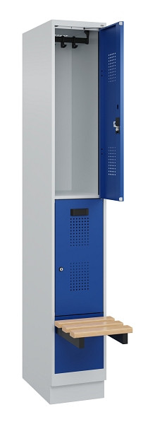 C+P Doppelstock-Spind Evolo PLUS, Bank, 2 Fächer, 1950x300x815mm, 7035/5010, Zylinderschloss, Sitzfläche Buche-Hartholz, mit Sockel, 049340-10 S10033