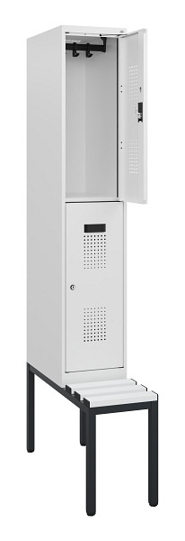 C+P Doppelstöckiger Spind Evolo PLUS, Bank, 2 Fächer, 1950x300x815mm, 9016/9016, Zylinderschloss, Sitzfläche Kunststoff, Sitzbank, 0493505-10 S10155