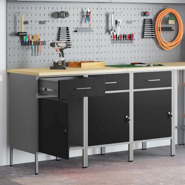 vidaXL Werkstatt-Schrank 3-teilig in Schwarz und Grau aus Holzwerkstoff und Stahl, 3321366