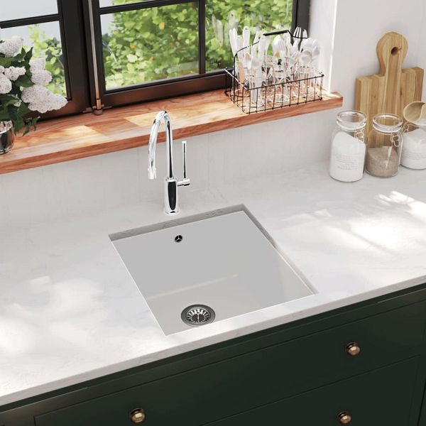 vidaXL Granitspüle Einzelbecken Weiß, 144869, 8719883567808