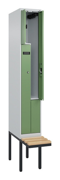 C+P Z-Spind Evolo PLUS, Bank, 2 Fächer, 2120x300x815mm, 7035/6011, Zylinderschloss, Sitzfläche Holz, 0490437-102 S10033