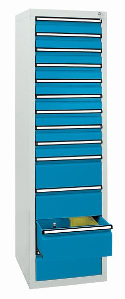 stumpf Schubladenschrank - Säule, Höhe 180 cm, Teleskopauszüge, 40 kg / Schublade, 13 Schubladen, lichtgrau / lichtblau, 7105878
