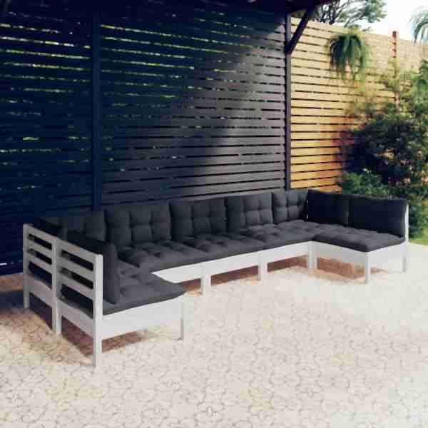 vidaXL 7-tlg. Garten-Lounge-Set mit Kissen Weiß Kiefer Massivholz, 3097164