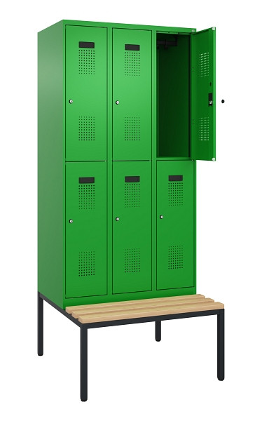 C+P Doppelstock-Spind Evolo PLUS, Bank, 6 Fächer, 2120x900x815mm, 6037/6037, Zylinderschloss, Sitzfläche Buche-Hartholz, Sitzbank, 0493507-30 S10053