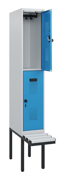 C+P Doppelstock-Spind Evolo PLUS, Bank, 2 Fächer, 1950x300x815mm, 7035/5012, Drehriegel, Sitzfläche Kunststoff, 0493405-10 S10095