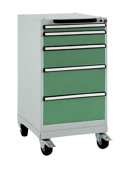 Manuflex Schubfachschrank BASETEC mobil, Nutzhöhe 700 mm mit 5 Schubfächern, in resedagrün RAL 6011, TP1144.6011