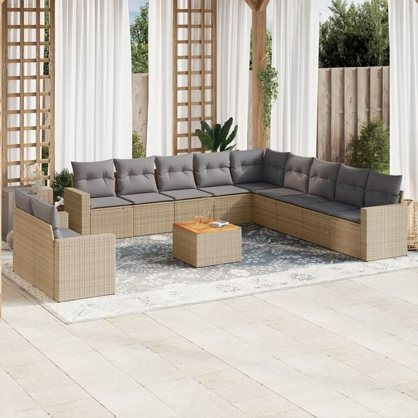 vidaXL 12-teilig Garten-Sofagarnitur mit Kissen Beige Poly Rattan, 3224204