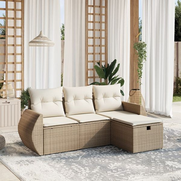 vidaXL 4-teilig Garten-Sofagarnitur mit Kissen Beige Poly Rattan, 3264064