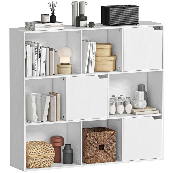 HOMCOM Bücherregal, 9 Würfelfächer, 3 Türen, 6 offene Regale, für Wohnzimmer, Schlafzimmer, Spanplatte, Weiß, 836-630V90WT