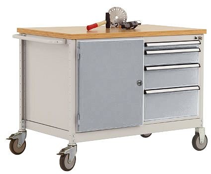 Manuflex Mobile Werkbank Modell 4 mit geölter Multiplex-Abdeckplatte 30 mm BxTxH 1135 x 590 x 810 mm, alusilber, TP1004.9006