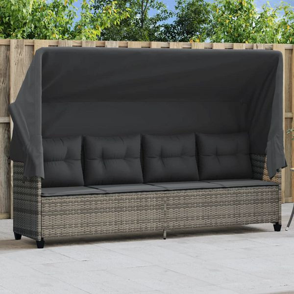 vidaXL Sonnenliege mit Dach und Kissen Grau Poly Rattan, 368337