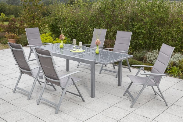 Merxx Taviano Set 7-teilig, 6 Klappsessel, Rückenlehne 5-fach verstellbar, gepadded, 1 Ausziehtisch, 160 (220) x 90 cm, silber/diamantbraun, 50267-330