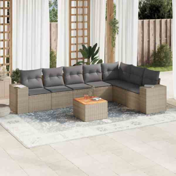 vidaXL 8-tlg. Garten-Sofagarnitur mit Kissen Beige Poly Rattan, UV-beständig, 3225478