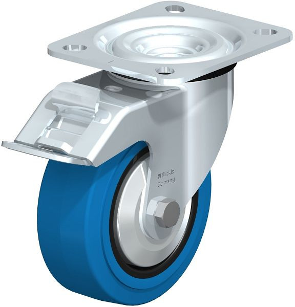 Blickle L-POEV 100G-FI-SB-FA Stahlblech-Lenkrolle, mittelschwere Ausführung, mit Anschraubplatte & Feststeller, Elastik-Vollgummi, Blau, 749334