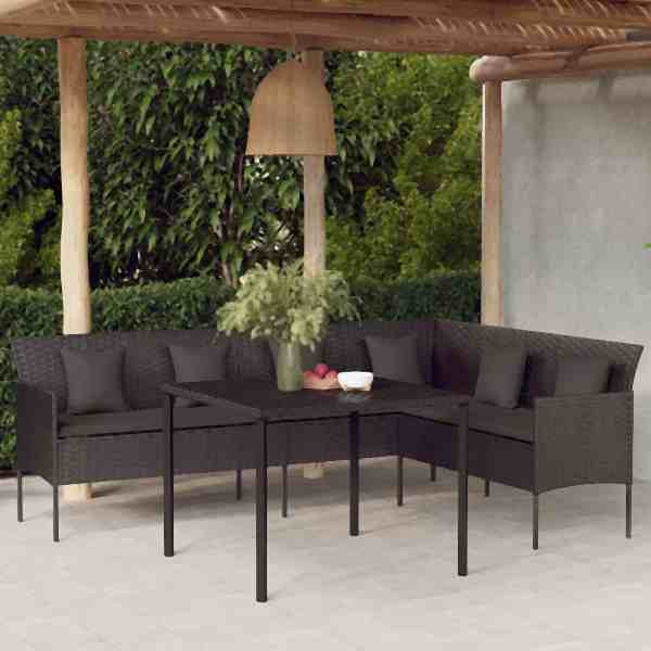vidaXL Gartensofa in L-Form mit Kissen Schwarz Poly Rattan, 362336