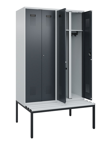 C+P Schwarz-Weiß-Spind Evolo PLUS, Bank, 4 Abteile, 2120x1200x815mm, 7035/7016, Zylinderschloss, Sitzfläche Kunststoff, Sitzbank, 0490527-40 S10093