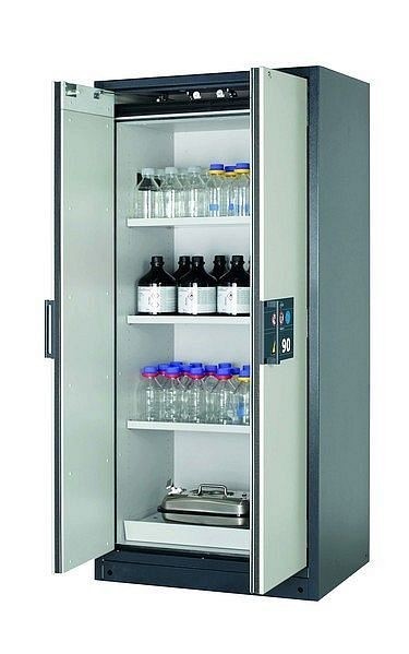 asecos Sicherheitsschrank Q-CLASSIC-90, Q90.195.090 in lichtgrau RAL 7035 mit 3x Fachboden (Stahlblech), 30041-041-30043
