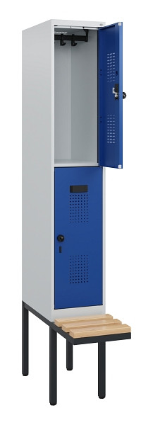 C+P Doppelstock-Spind Evolo PLUS, Bank, 2 Fächer, 1950x300x815mm, 7035/5010, Drehriegel, Sitzfläche Buche-Hartholz, 0493405-10 S10006
