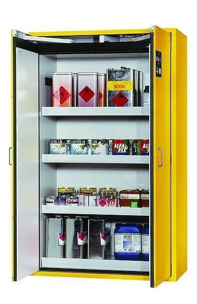 asecos Sicherheitsschrank S-CLASSIC-90, S90.196.120.WDAS in sicherheitsgelb RAL 1004 mit 3x Wannenboden Standard (Stahlblech), 30116-002-30133