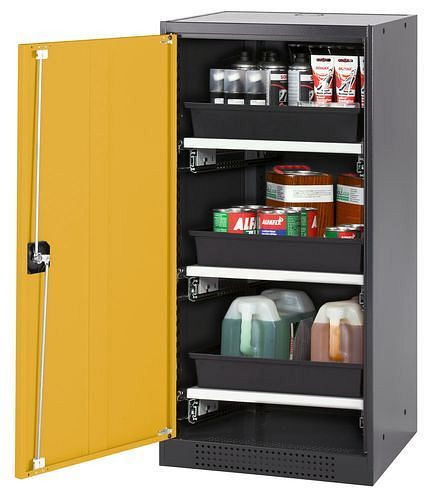 asecos Chemikalienschrank Systema-T CS-53L, Korpus anthrazit, Flügeltüren gelb, 3 Tablarauszüge, 208833