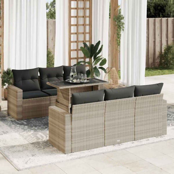 vidaXL 7-tlg. Garten-Sofagarnitur mit Kissen Hellgrau Poly Rattan, 3326263