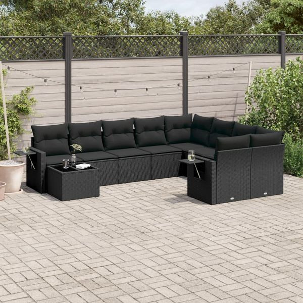 vidaXL 10-tlg. Garten-Sofagarnitur mit Kissen Schwarz Poly Rattan, 3220654
