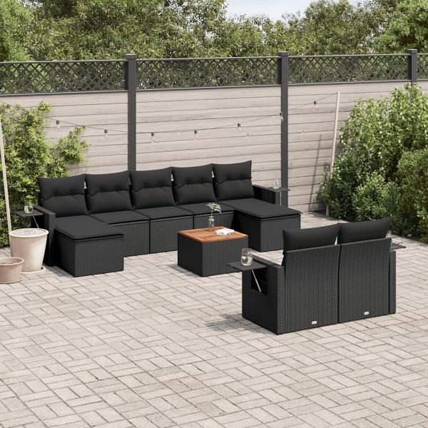 vidaXL 10-teilig Garten-Sofagarnitur mit Kissen Schwarz Poly Rattan, 3224774