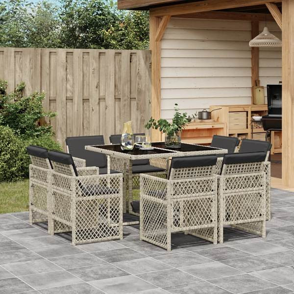 vidaXL 9-tlg. Garten-Essgruppe mit Kissen Hellgrau Poly Rattan, UV-beständig, 3210839