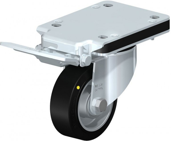 Blickle LK-ALEV 100K-3-IS-EL Stahlblech-Lenkrolle, schwere Ausführung, mit Anschraubplatte & Feststeller, Elastik-Vollgummi, Schwarz, 851992