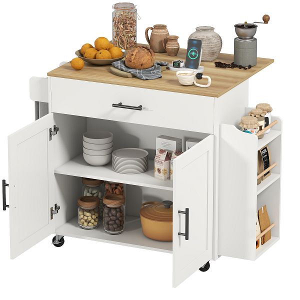 HOMCOM Kücheninsel, Küchenwagen auf Rollen, mit abklappbarer Arbeitsplatte, Schublade, Ablage, 120 x 68 x 85 cm, Weiß, 801-405V90WT