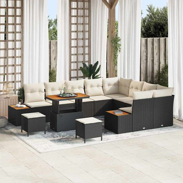 vidaXL Garten-Sofa-Set mit Kissen 12-teilig Schwarz Poly-Rattan, 3364905