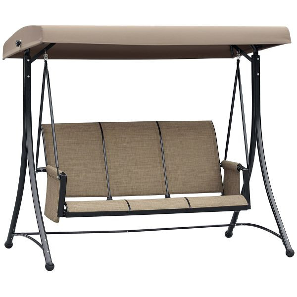 Outsunny 3-Sitzer Hollywoodschaukel, Gartenschaukel mit Sonnendach, Schaukelbank mit Ablage, Aluminium, 196 x 128 x 172 cm, Braun, 84A-110V01