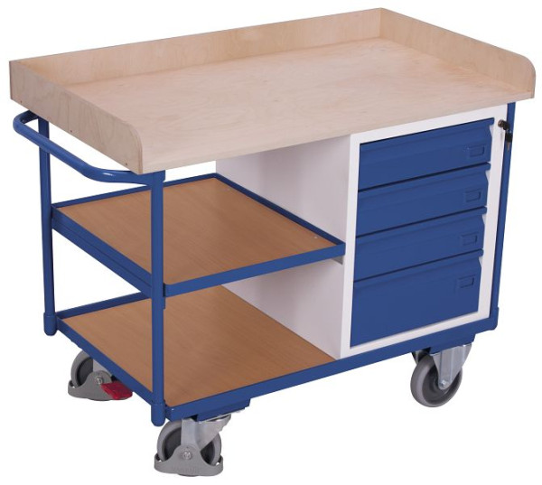 VARIOfit Werkstattwagen mit 3 Ladeflächen, Außenmaße: 1.220 x 640 x 955 mm, RAL 5010 enzianblau, mit 4 rollengelagerten, sw-600.612