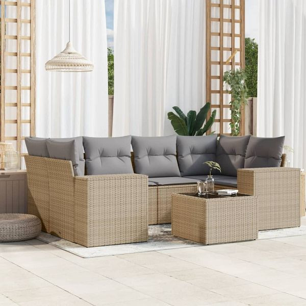 vidaXL 7-teilig Garten-Sofagarnitur mit Kissen Beige Poly Rattan, 3222318