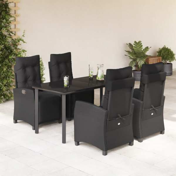vidaXL 5-tlg. Garten-Essgruppe mit Kissen Schwarz Poly Rattan, UV-beständig, 3212970