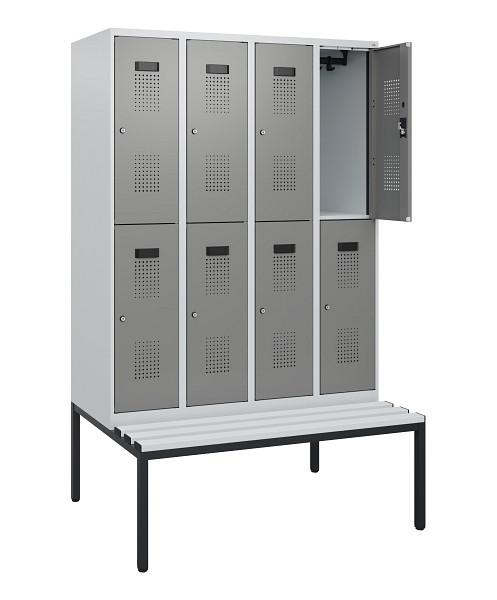 C+P Doppelstöckiger Spind Evolo PLUS, Bank, 8 Fächer, 1950x1200x815mm, 7035/0004, Zylinderschloss, Sitzfläche Kunststoff, Sitzbank, 0493505-40 S10149