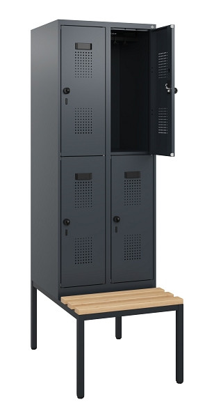 C+P Doppelstöckiger Spind Evolo PLUS, Bank, 4 Fächer, 1950x600x815mm, 7016/7016, Drehriegel, Sitzfläche Buche-Hartholz, Sitzbank, 0493505-20 S10016
