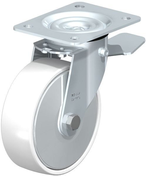 Blickle LE-PO 150R-ST-FA Stahlblech-Lenkrolle mit Anschraubplatte & Feststeller, Polyamid, Weiß, 749571