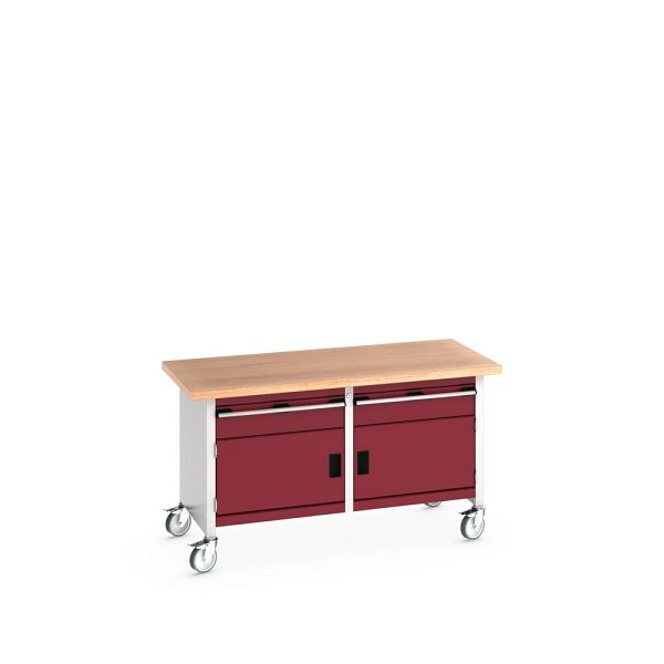 bott cubio Kastenwerkbank mobil 2 Schubladen, 2 Türe, Multiplex-Arbeitsplatte, BxTxH: 1500x750x840mm, RAL 7035/3004, Purpurrot, 41002103.24V