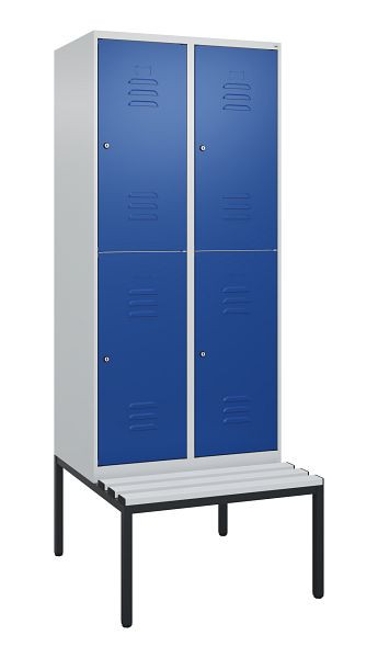 C+P Doppelstöckiger Spind Classic PLUS, 2 Abteile, 2120x800x815mm, 7035/5010, Zylinderschlösser, mit untergebauter Sitzbank, 0803507-22 S10018
