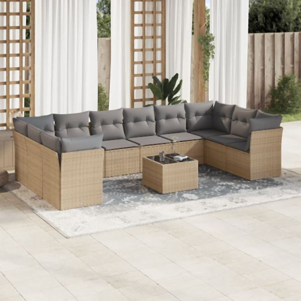 vidaXL 11-tlg. Garten-Sofagarnitur mit Kissen Beige Poly Rattan, 3250048