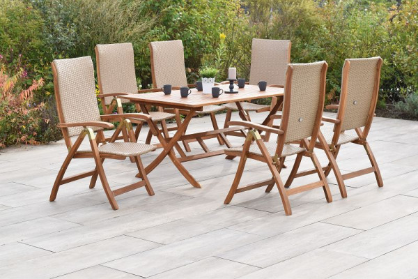 Merxx Capri Set 7-teilig, 6 Capri Klappsessel, 1 Klapptisch 160 x 90 cm, Akazienholz, Natur, FSC Akazienholz mit Kunststoffgeflecht, 50454-264
