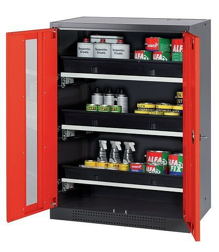 asecos Chemikalienschrank Systema-T CS-83G, Korpus anthrazit, Flügeltüren rot, 3 Tablarauszüge, 208811