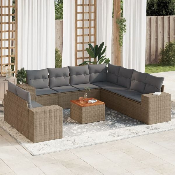 vidaXL 10-tlg. Garten-Sofagarnitur mit Kissen Beige Poly Rattan, 3225513