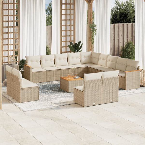 vidaXL 14-teilig Garten-Sofagarnitur mit Kissen Beige Poly Rattan, 3258894