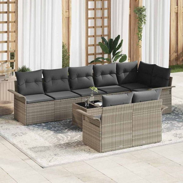vidaXL Garten-Sofa-Set mit Kissen, 9er Set, Hellgrau Poly Rattan, 3354091